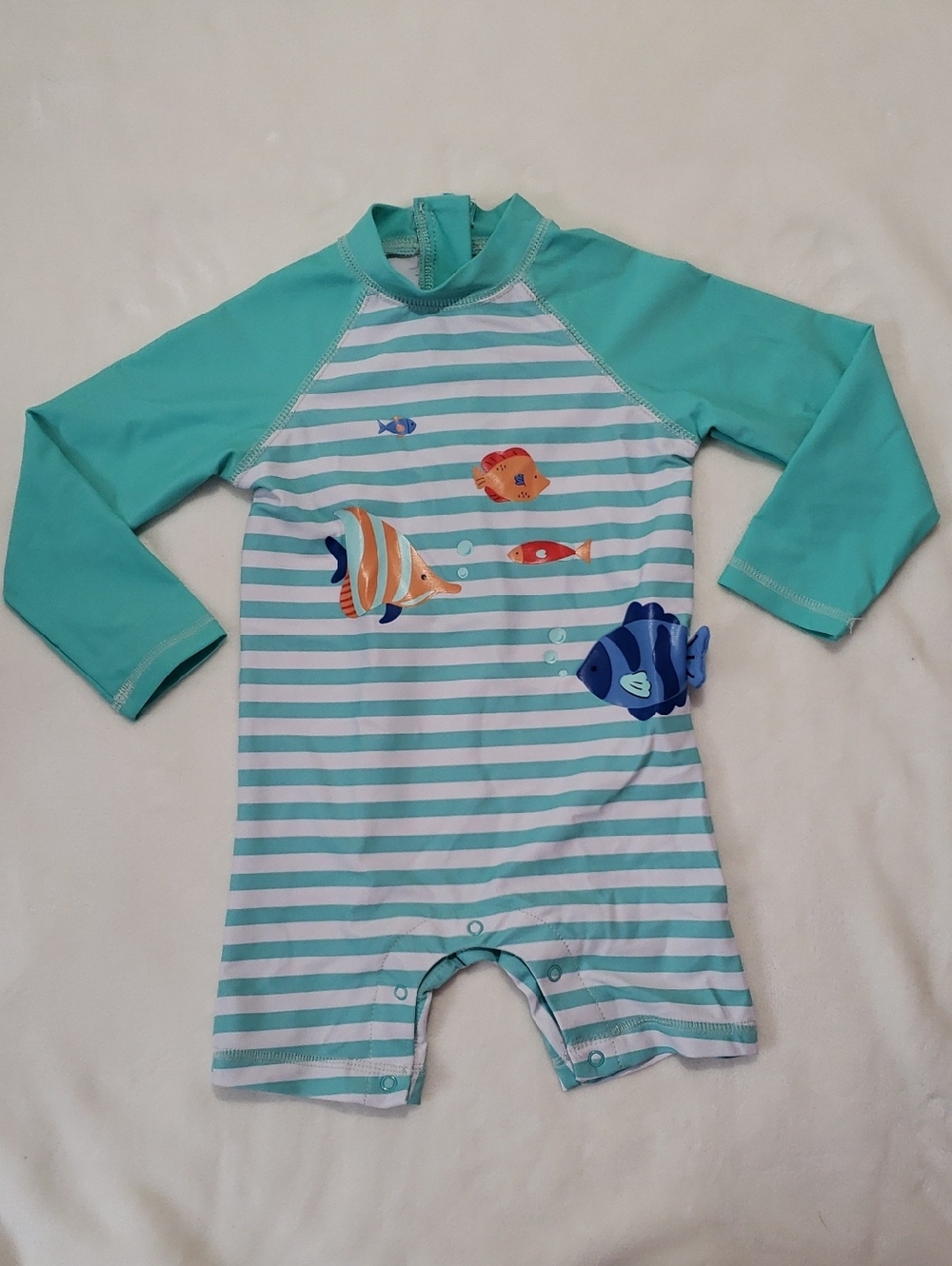 Little Me Teal and White Striped Long-Sleeve Swim Romper with Fish